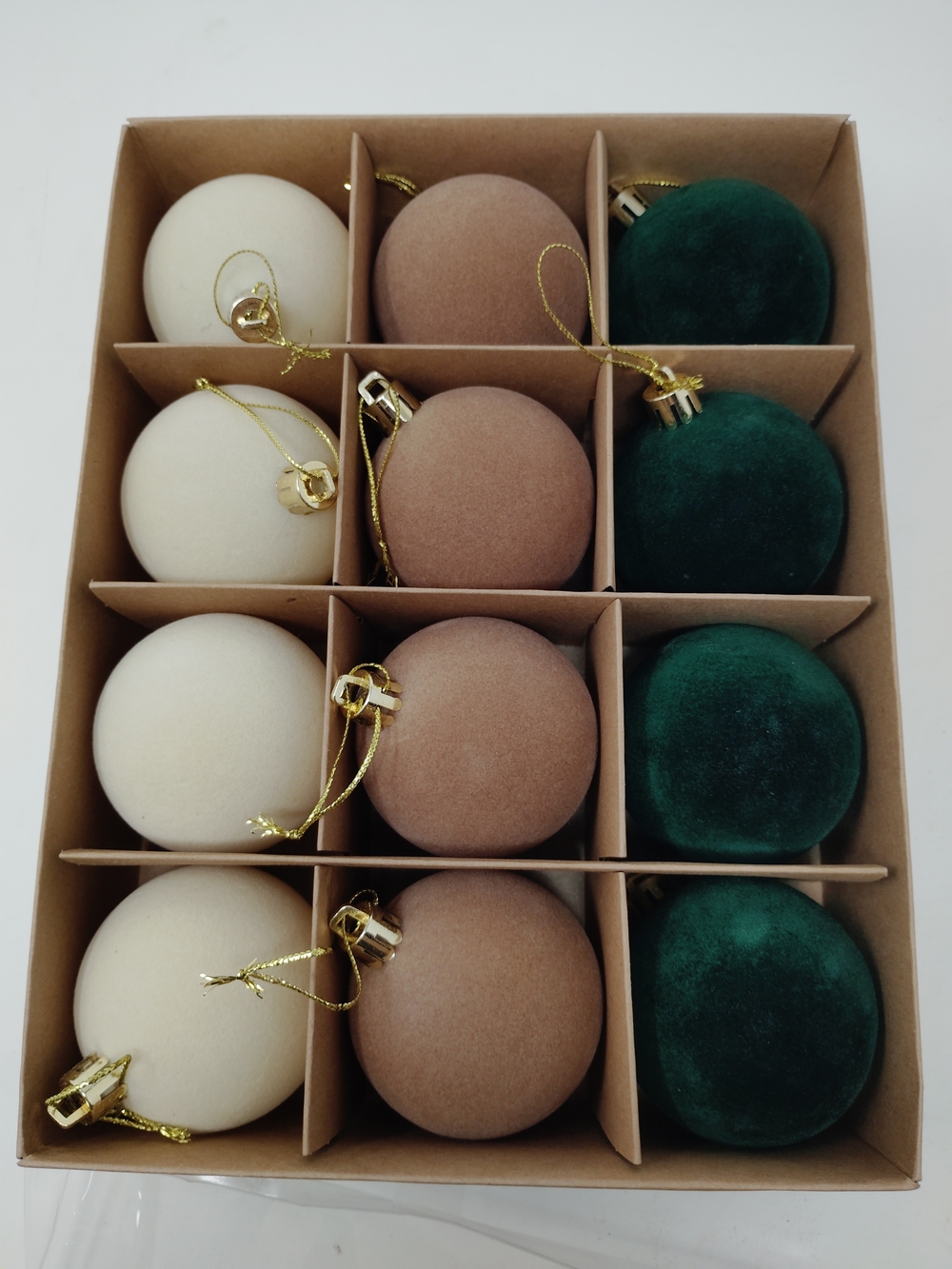 Matte Velvet Flocked Christmas Baubles 12-(2) Pack Neutral Holiday Tree Decor